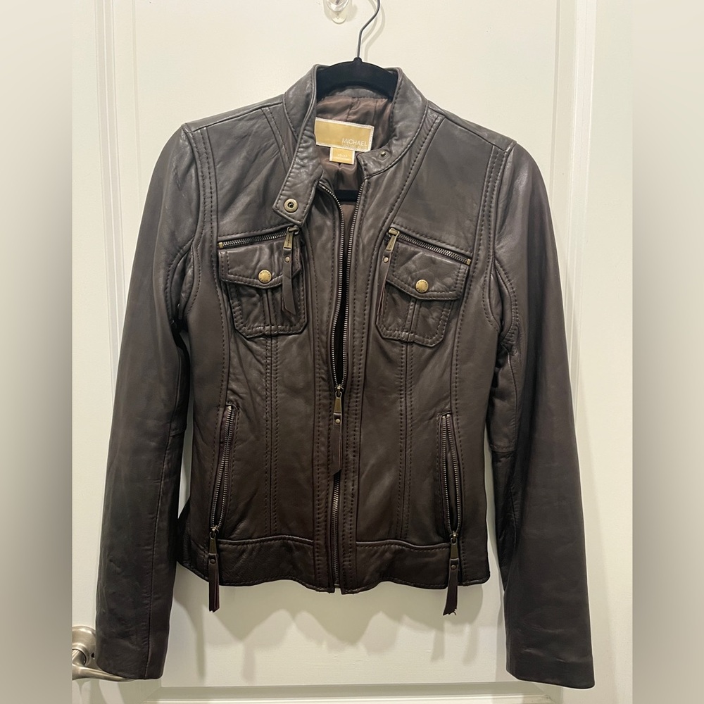 Michael by Michael Kors brown leather moto jacket XS